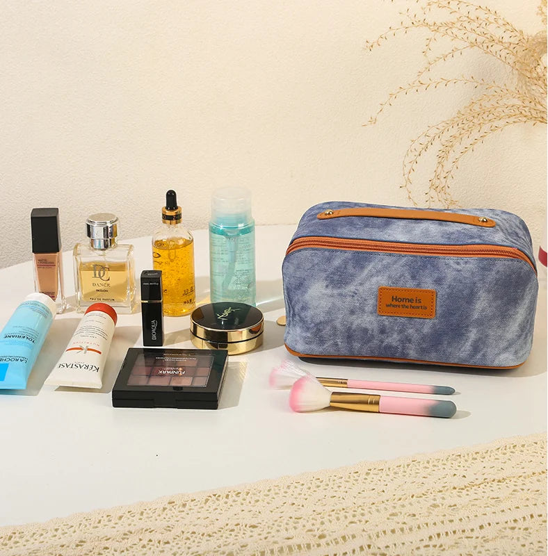 Trousse Denim Étanche – Grande Capacité, Voyage, Maquillage