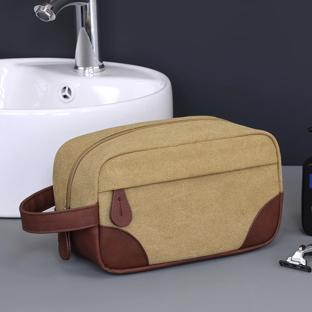 Trousse de toilette en cuir et toile – grande capacité, étanche