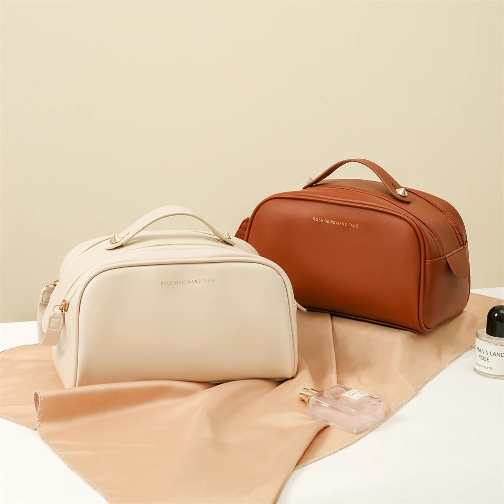 Trousse de Toilette PU Cuir – Ouverture Large, Grande Capacité, Organisateur Maquillage Portable