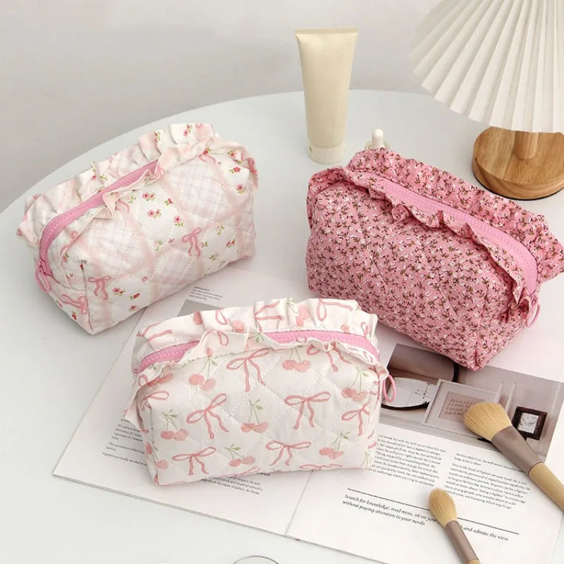 Trousse de Toilette Rose Motif Cerise – Grande Capacité, Organisateur de Maquillage, Voyage