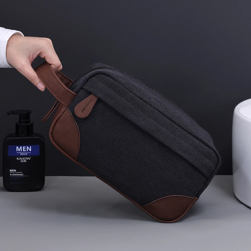 Trousse de toilette en cuir et toile – grande capacité, étanche