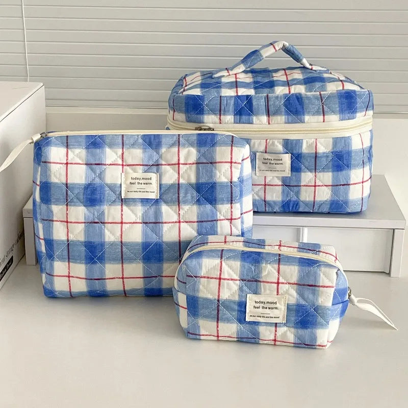 Trousse de Toilette Femme Vintage Plaid - Maquillage Voyage en Coton Matelassé