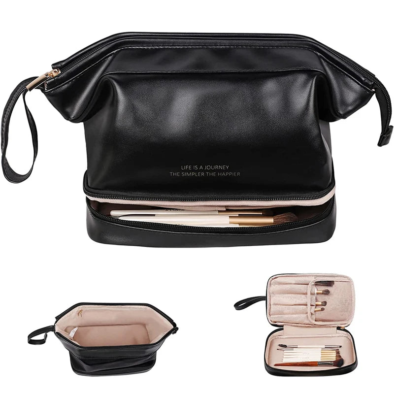 Trousse de Toilette Cuir Étanche Double-Couche – Maquillage Voyage