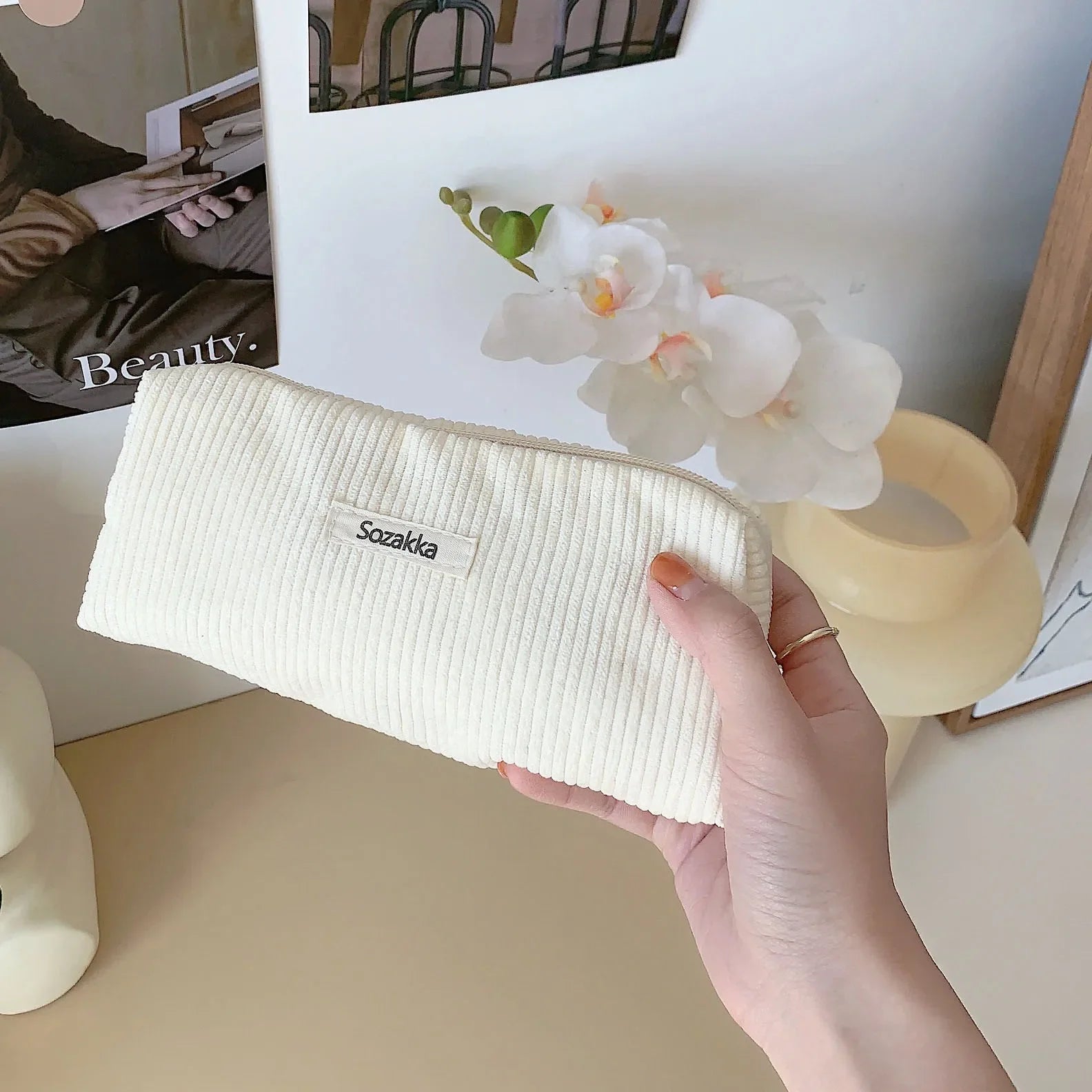 Trousse de Toilette Velours Côtelé – Grand Sac Cosmétique Voyage