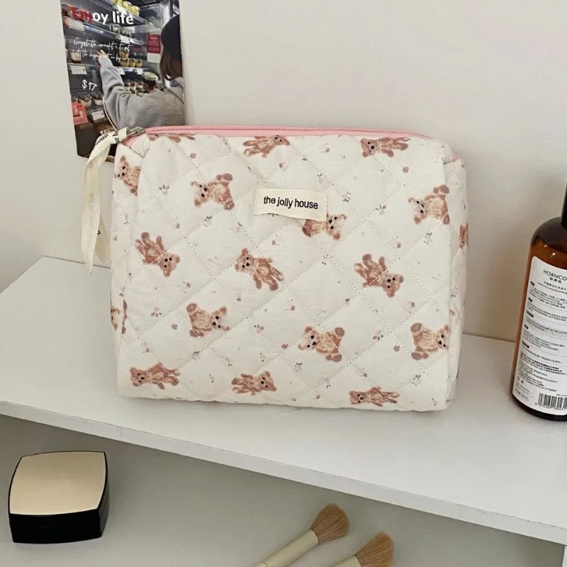 Trousse de Toilette Femme Ours Cartoon - Grande Capacité, Pochette Maquillage Matelassée