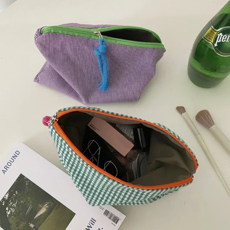 Trousse de Toilette Carreaux Coton-Lin – Zippée, Portable, Grande Capacité