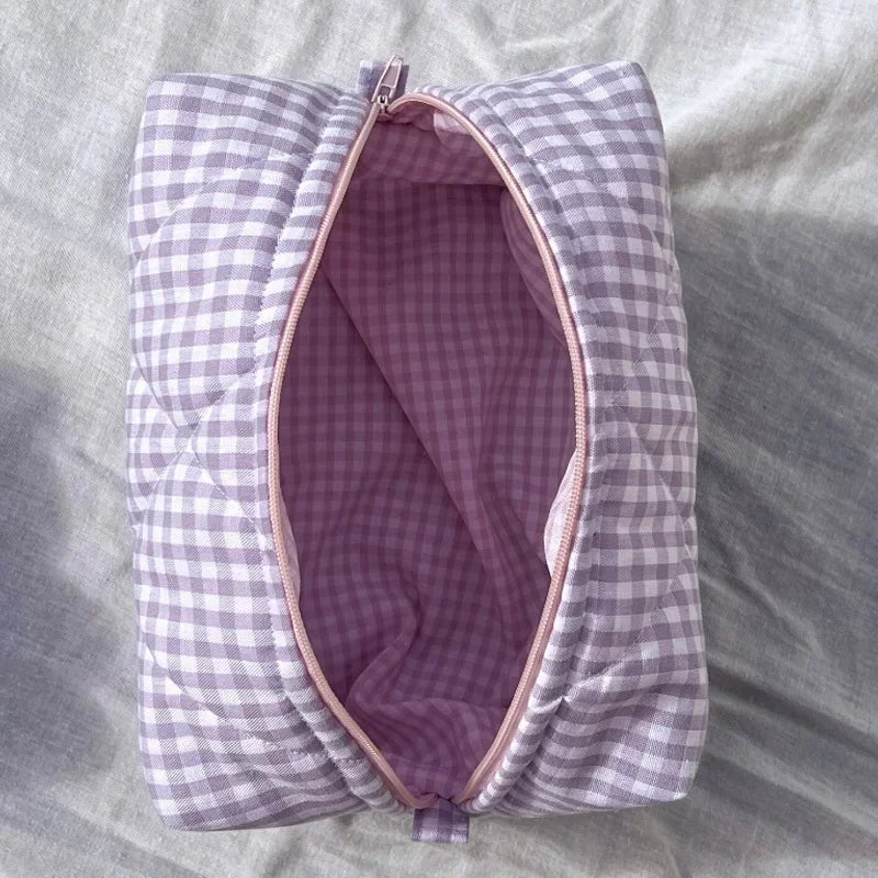 Trousse de Toilette Grand Capacité – Coton Matelassé, Imprimé Carreaux Floraux
