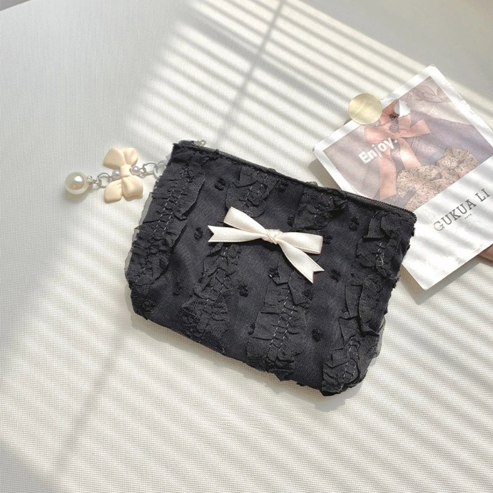 Trousse de Toilette Femme – Mini Maquillage, Dentelle et Nœud, Compacte et Zippée