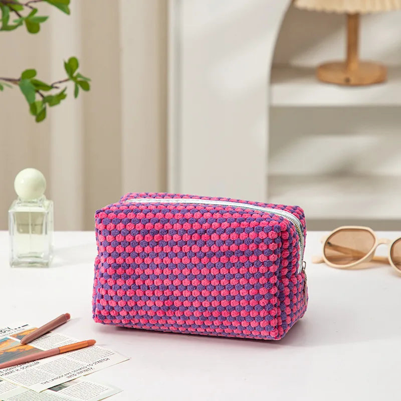 Trousse de toilette carrée en velours côtelé pour femme - Pochette cosmétique zippée