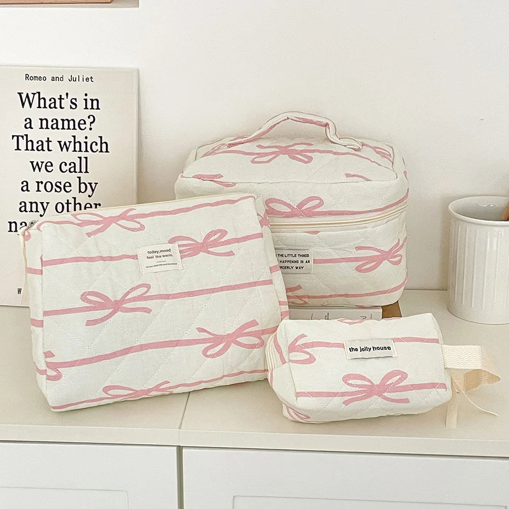 Trousse de Toilette Rose à Nœud - Maquillage Portable, Grande Capacité
