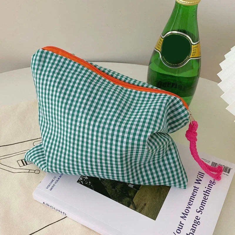 Trousse de Toilette Carreaux Coton-Lin – Zippée, Portable, Grande Capacité