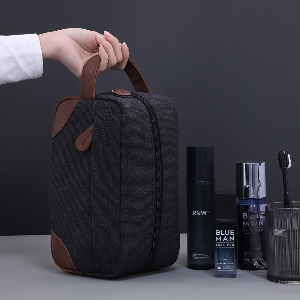 Trousse de toilette en cuir et toile – grande capacité, étanche