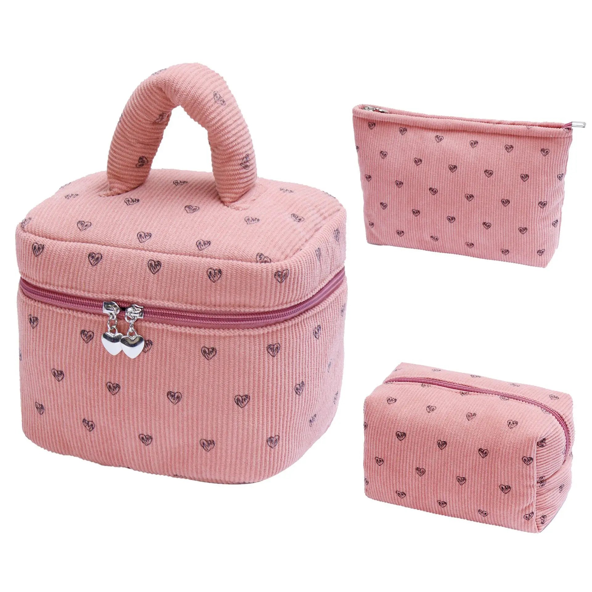 Trousse Toilette Velours Côtelé Imprimé Cœur – Grande Capacité