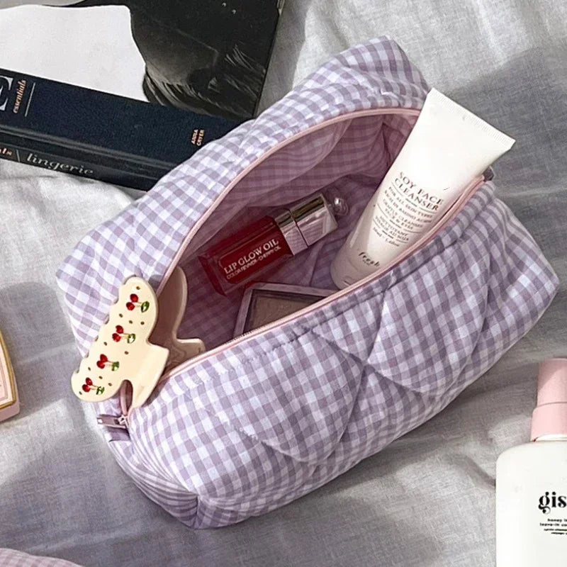 Trousse de Toilette Grande Capacité – Coton Matelassé, Carreaux Floraux