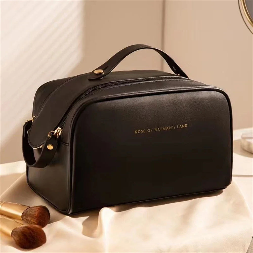 Trousse de Toilette PU Cuir – Ouverture Large, Grande Capacité, Organisateur Maquillage Portable