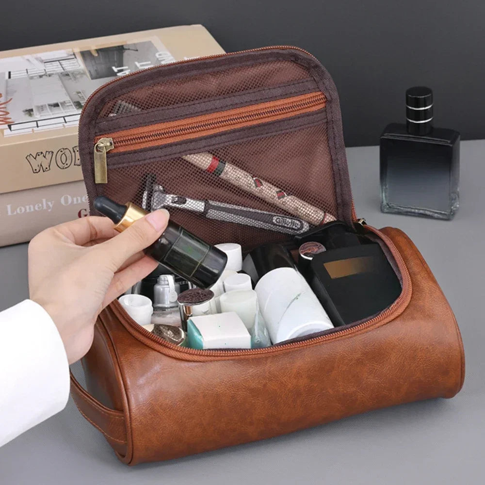 Trousse de Toilette PU Cuir Rétro Étanche – Voyage Unisexe