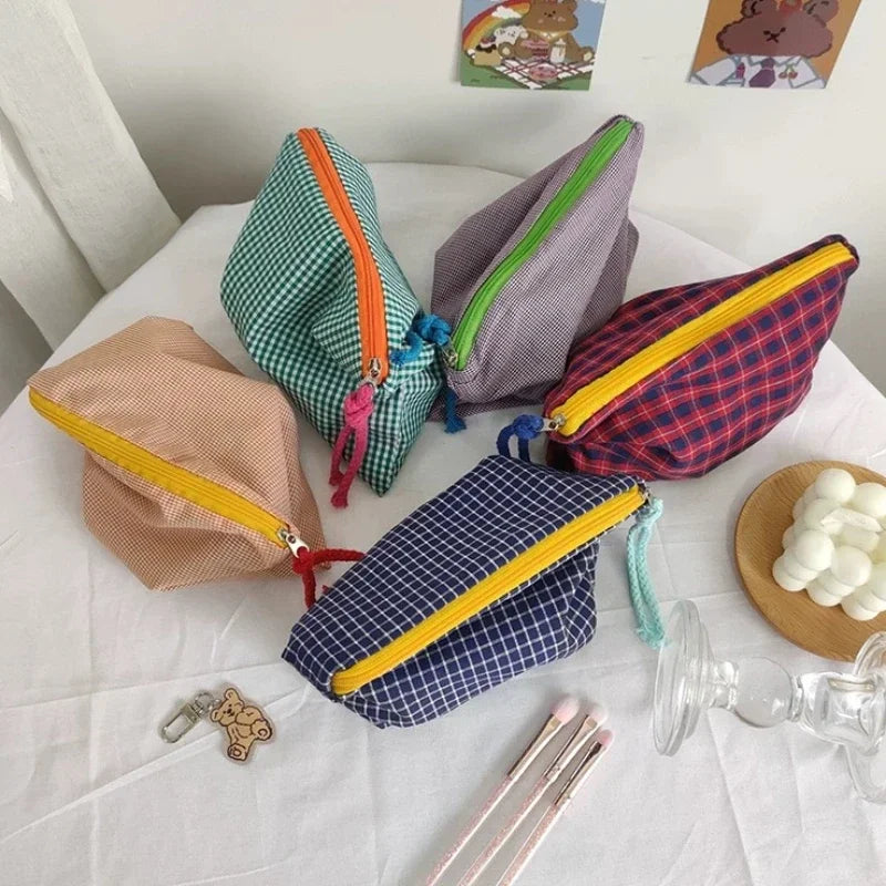 Trousse de Toilette Carreaux Coton-Lin – Zippée, Portable, Grande Capacité