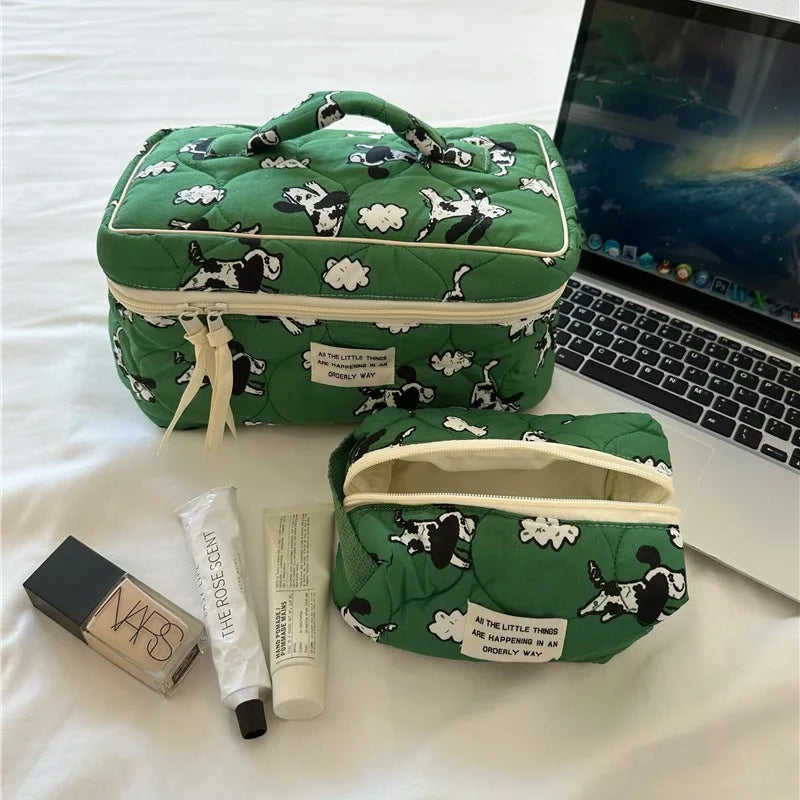 Trousse de Toilette Verte en Coton – Style Coréen, Chien Cartoon, Grande Capacité, Maquillage Voyage