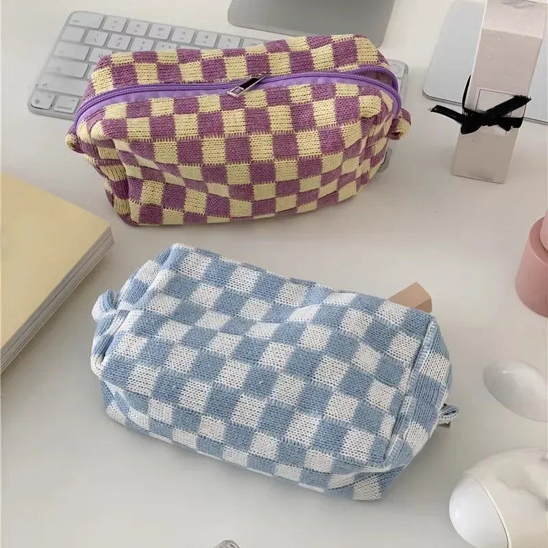 Trousse de toilette femme damier tricot - grande capacité