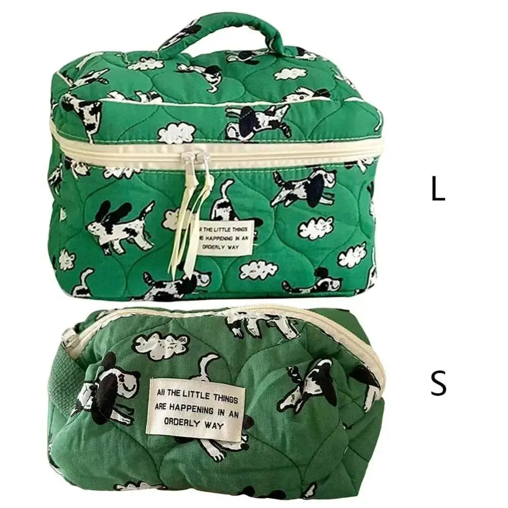 Trousse de toilette verte en coton – Style coréen, chien cartoon, grande capacité
