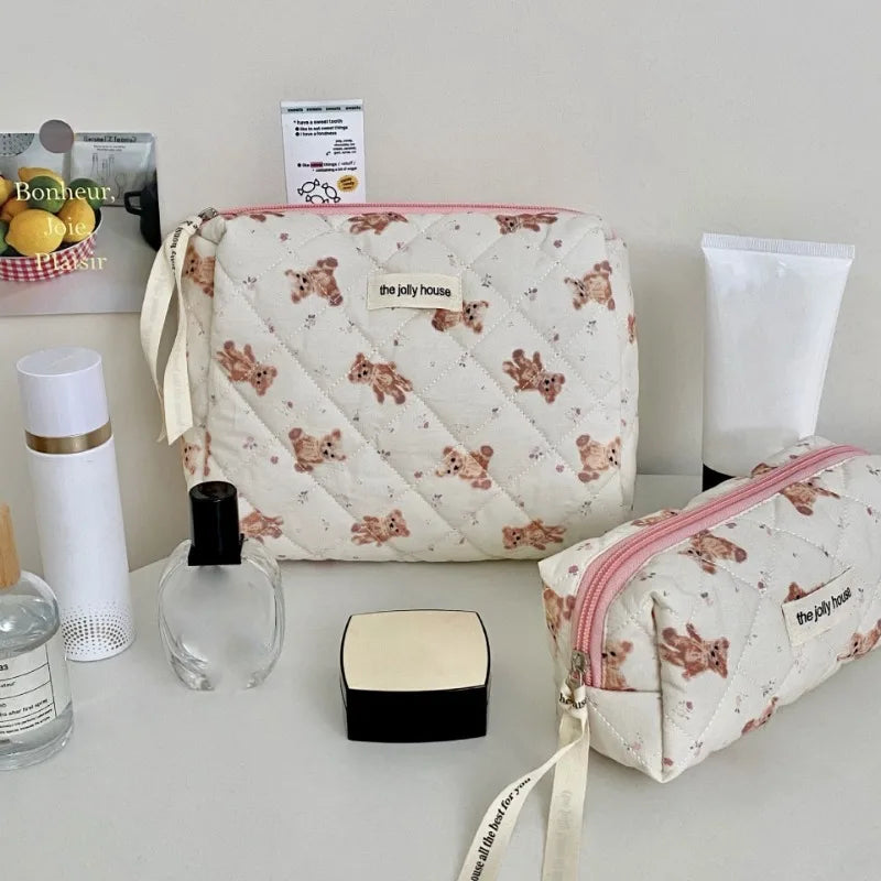 Trousse de Toilette Femme Ours Cartoon - Grande Capacité, Pochette Maquillage Matelassée