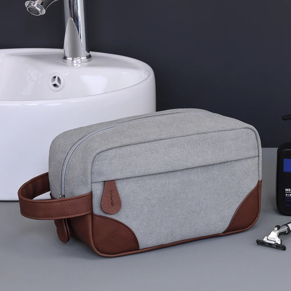 Trousse de toilette en cuir et toile – grande capacité, étanche