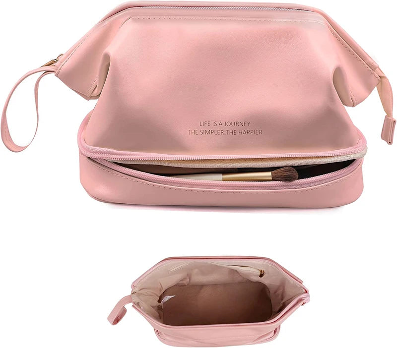 Trousse de Toilette Cuir Étanche Double-Couche – Maquillage Voyage