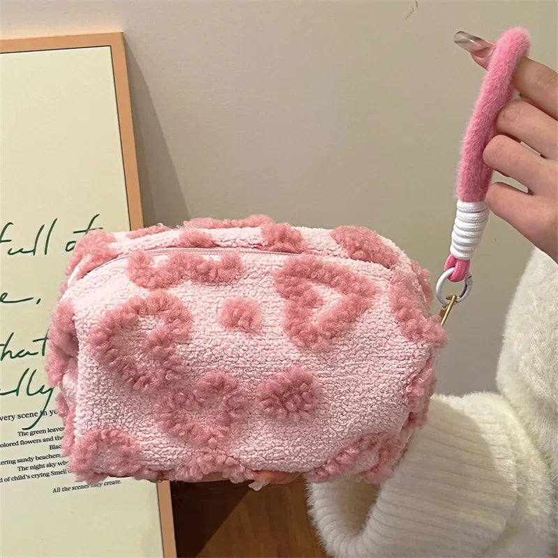 Trousse de Toilette Cœur Peluche Rose et Rouge – Grande Capacité, Lanière