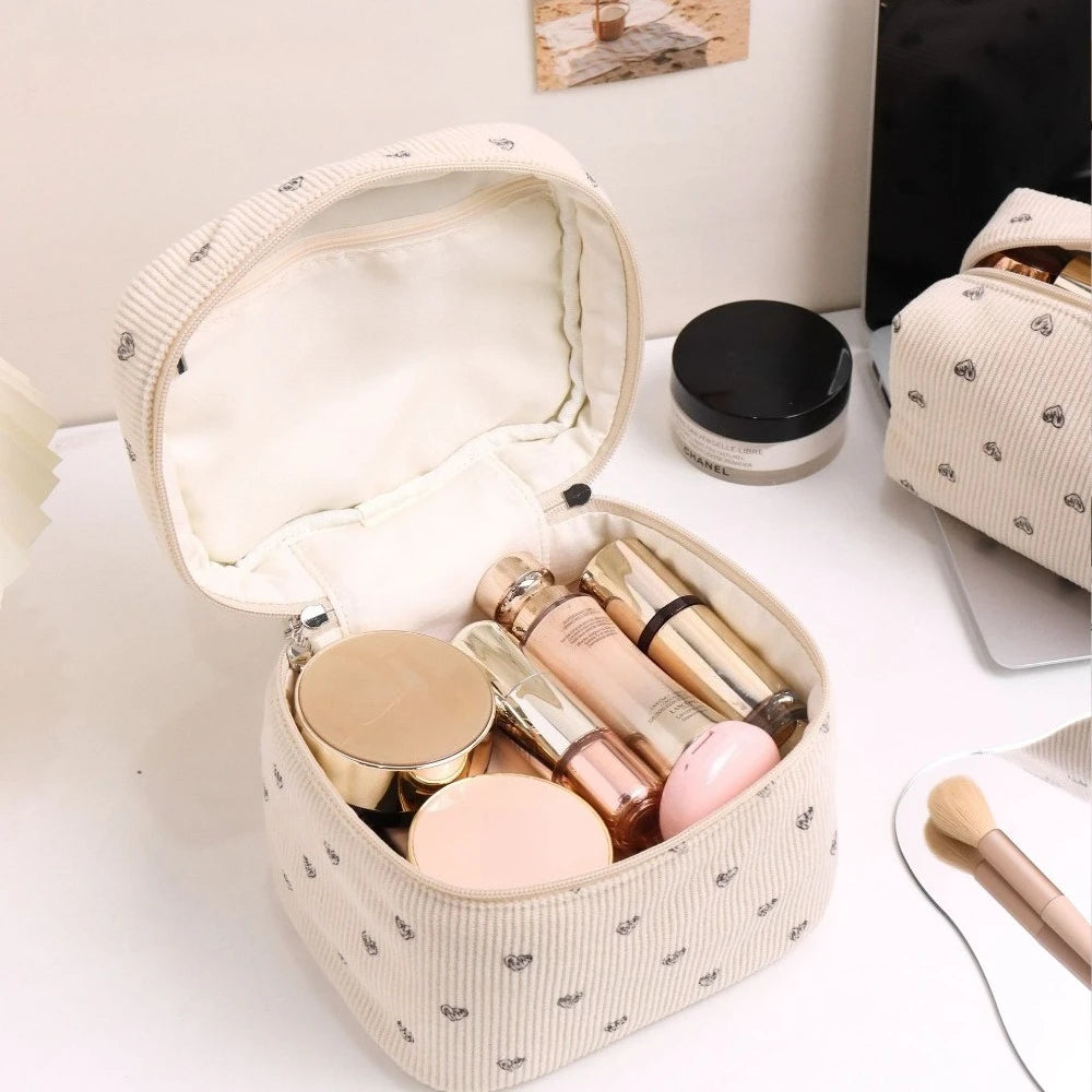 Trousse Toilette Velours Côtelé Imprimé Cœur – Grande Capacité