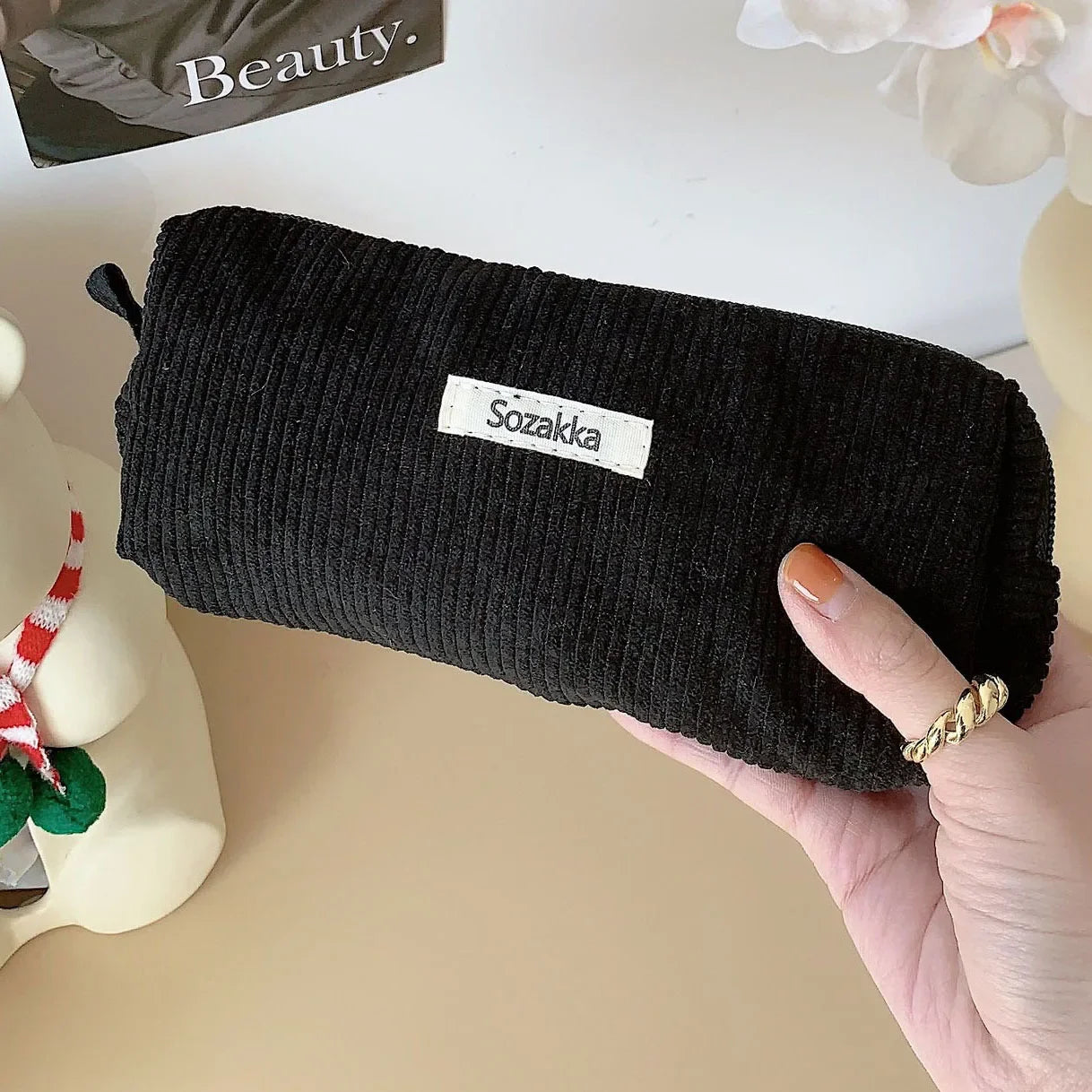 Trousse de Toilette Velours Côtelé – Grand Sac Cosmétique Voyage