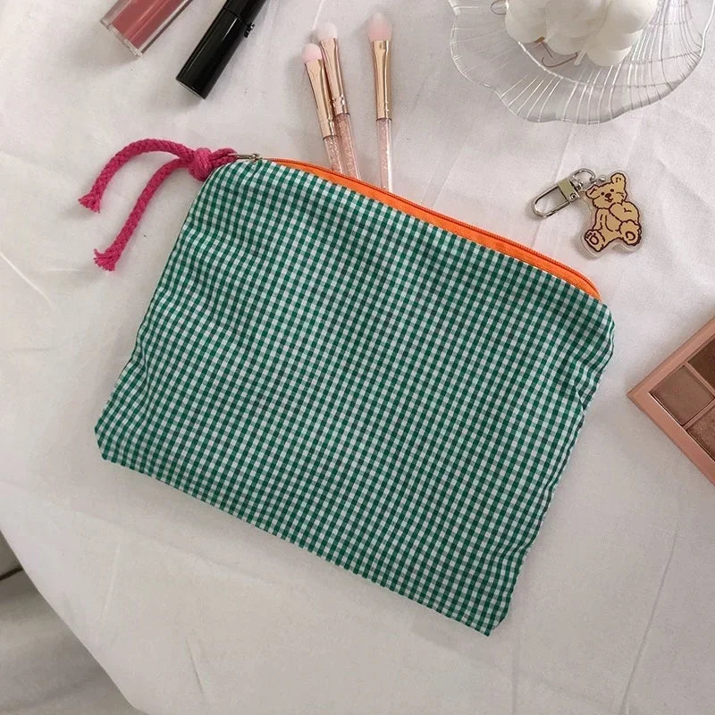 Trousse de Toilette Carreaux Coton-Lin – Zippée, Portable, Grande Capacité