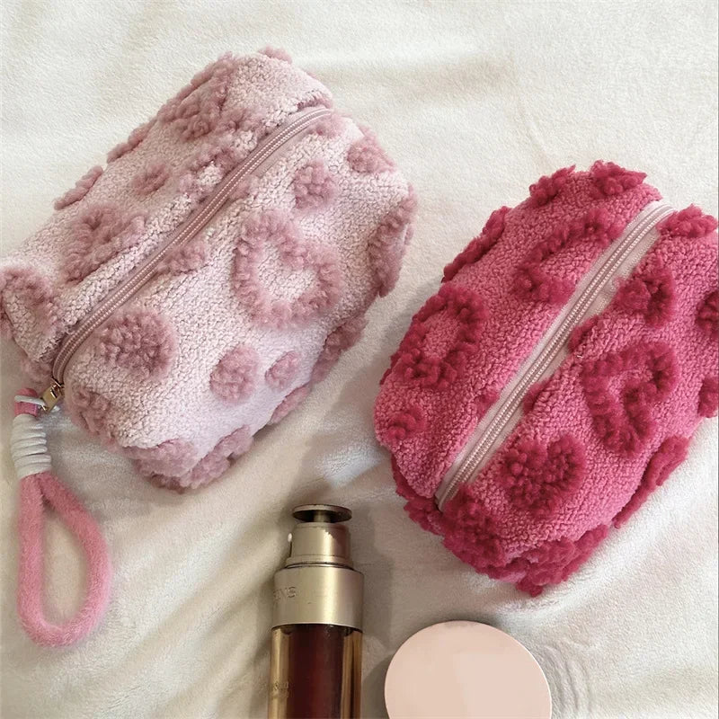 Trousse de Toilette Cœur Peluche Rose et Rouge – Grande Capacité, Lanière