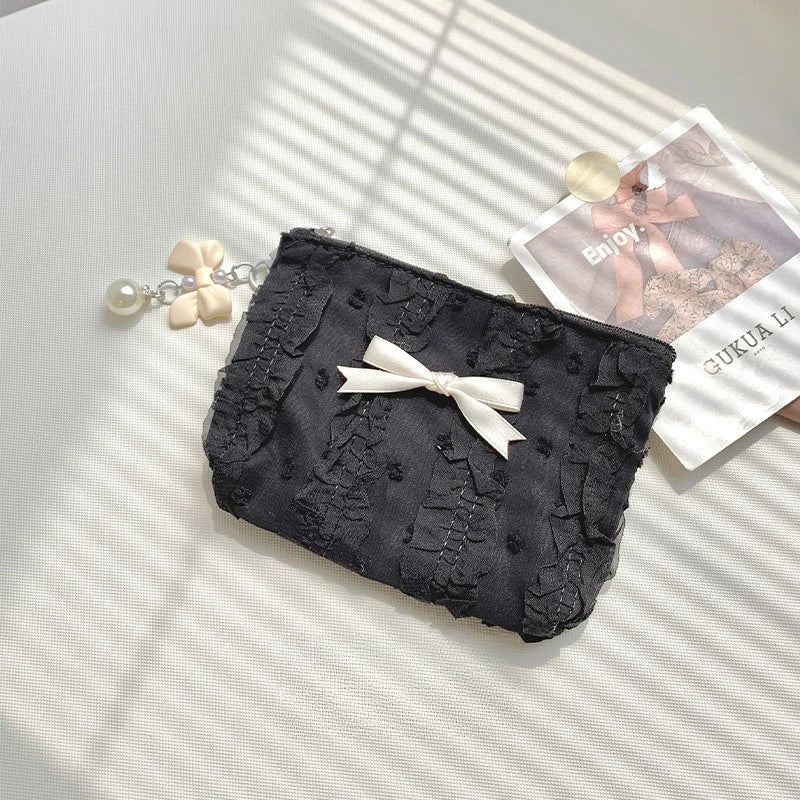Trousse de Toilette Femme – Mini Maquillage, Dentelle et Nœud, Compacte et Zippée