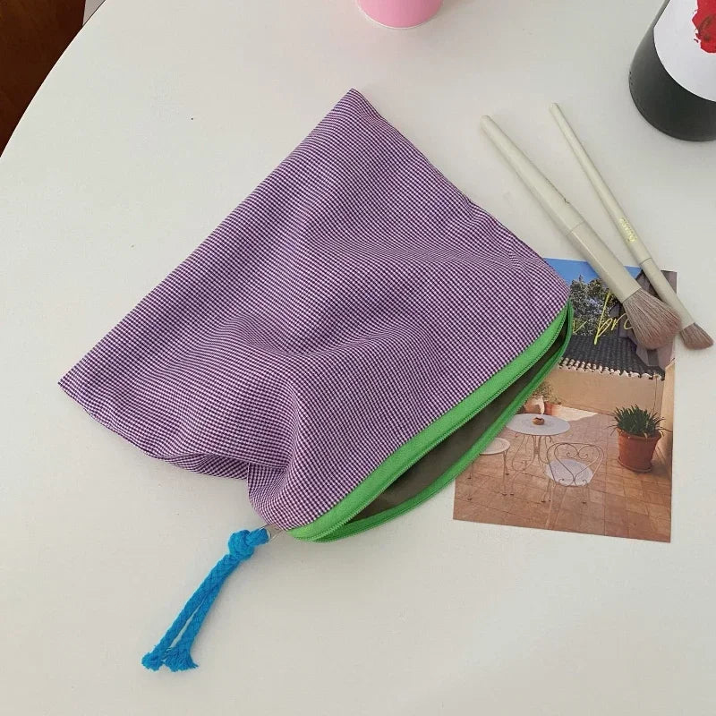Trousse de Toilette Carreaux Coton-Lin – Zippée, Portable, Grande Capacité