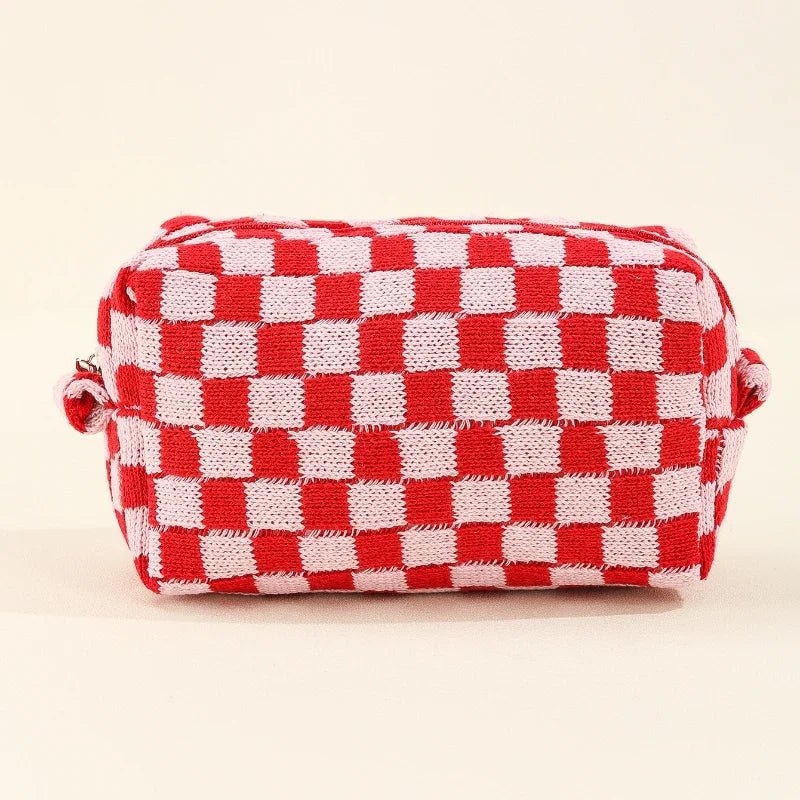 Trousse de Toilette Peluche à Carreaux Multicolores – Grande Capacité