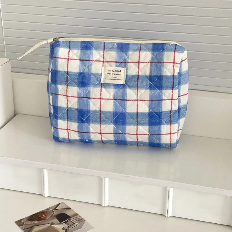 Trousse de Toilette Vintage Plaid - Maquillage Voyage en Coton Matelassé