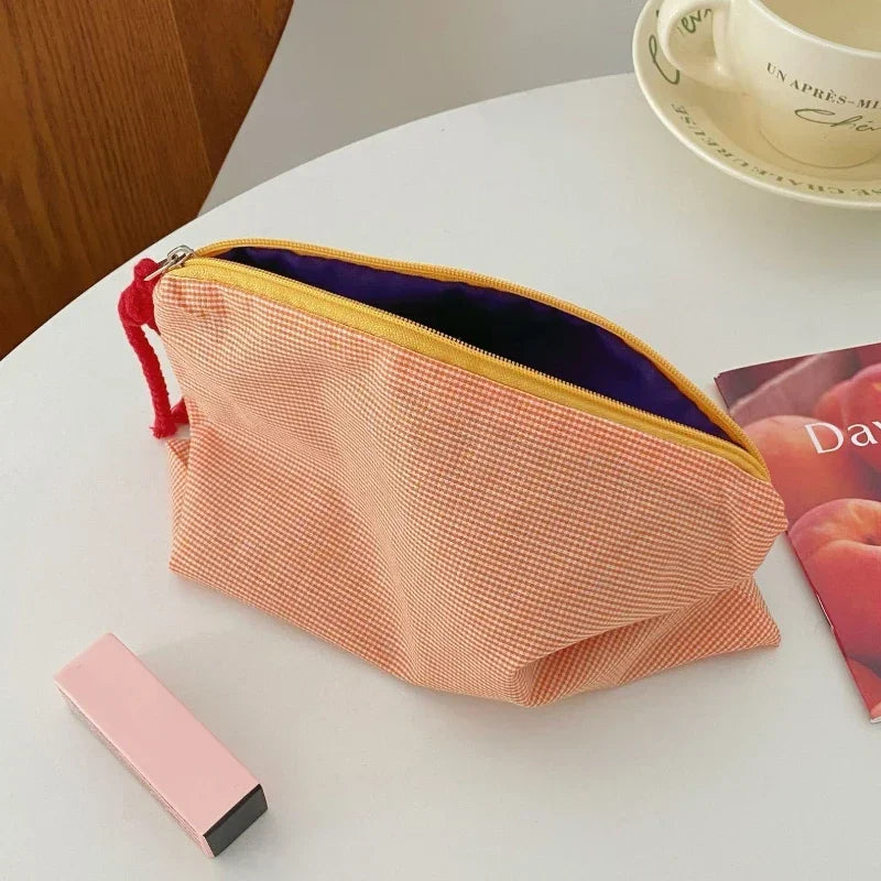 Trousse de Toilette Carreaux Coton-Lin – Zippée, Portable, Grande Capacité
