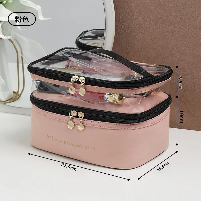 Trousse de Toilette Double PU Transparent – Étanche, Portable, Grande Capacité