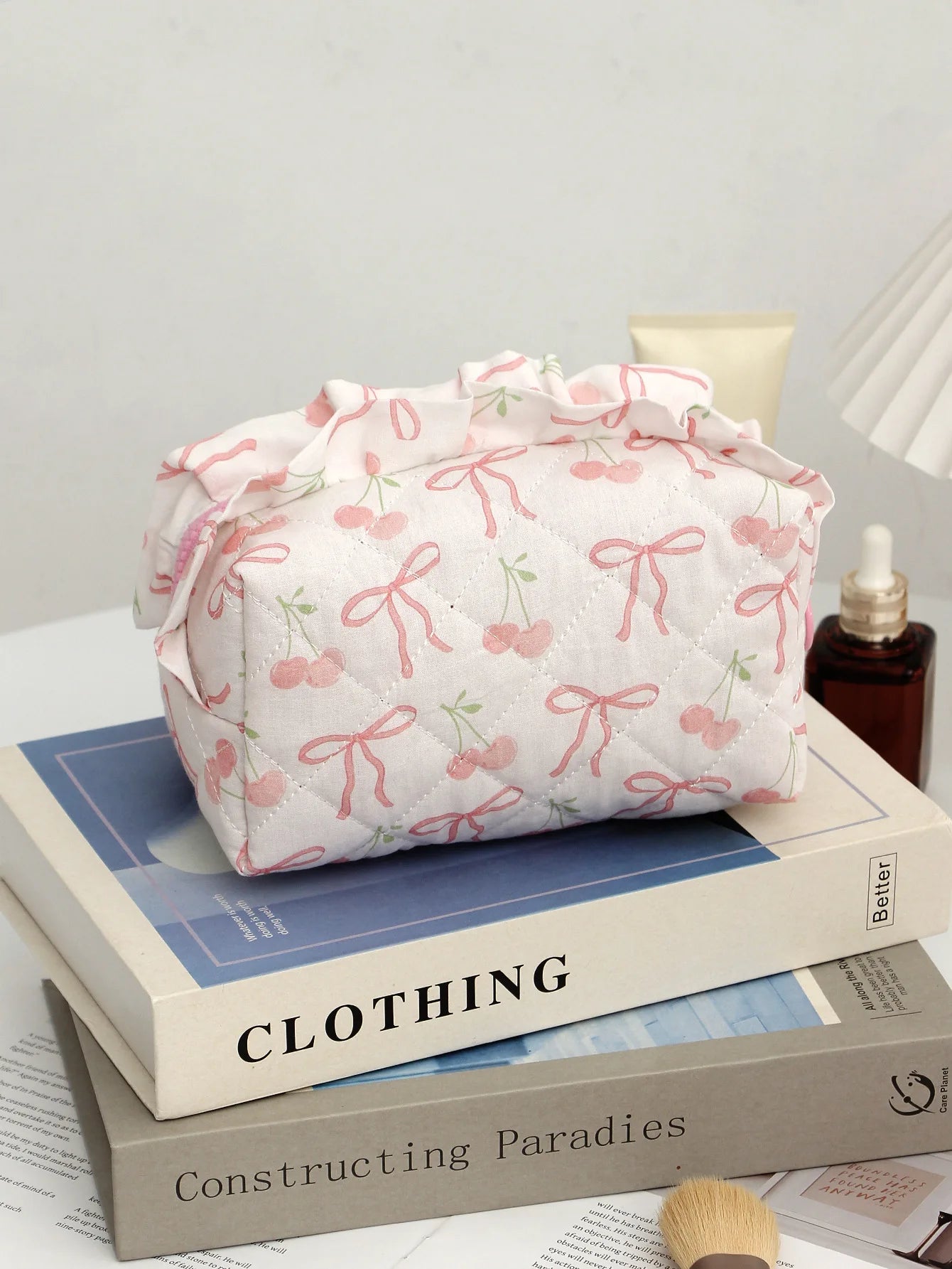 Trousse de Toilette Rose Motif Cerise – Grande Capacité, Organisateur de Maquillage, Voyage
