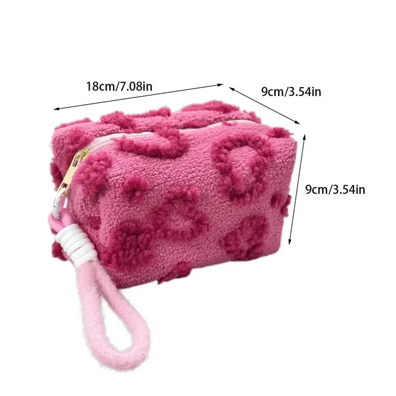 Trousse de Toilette Cœur Peluche Rose et Rouge – Grande Capacité, Lanière