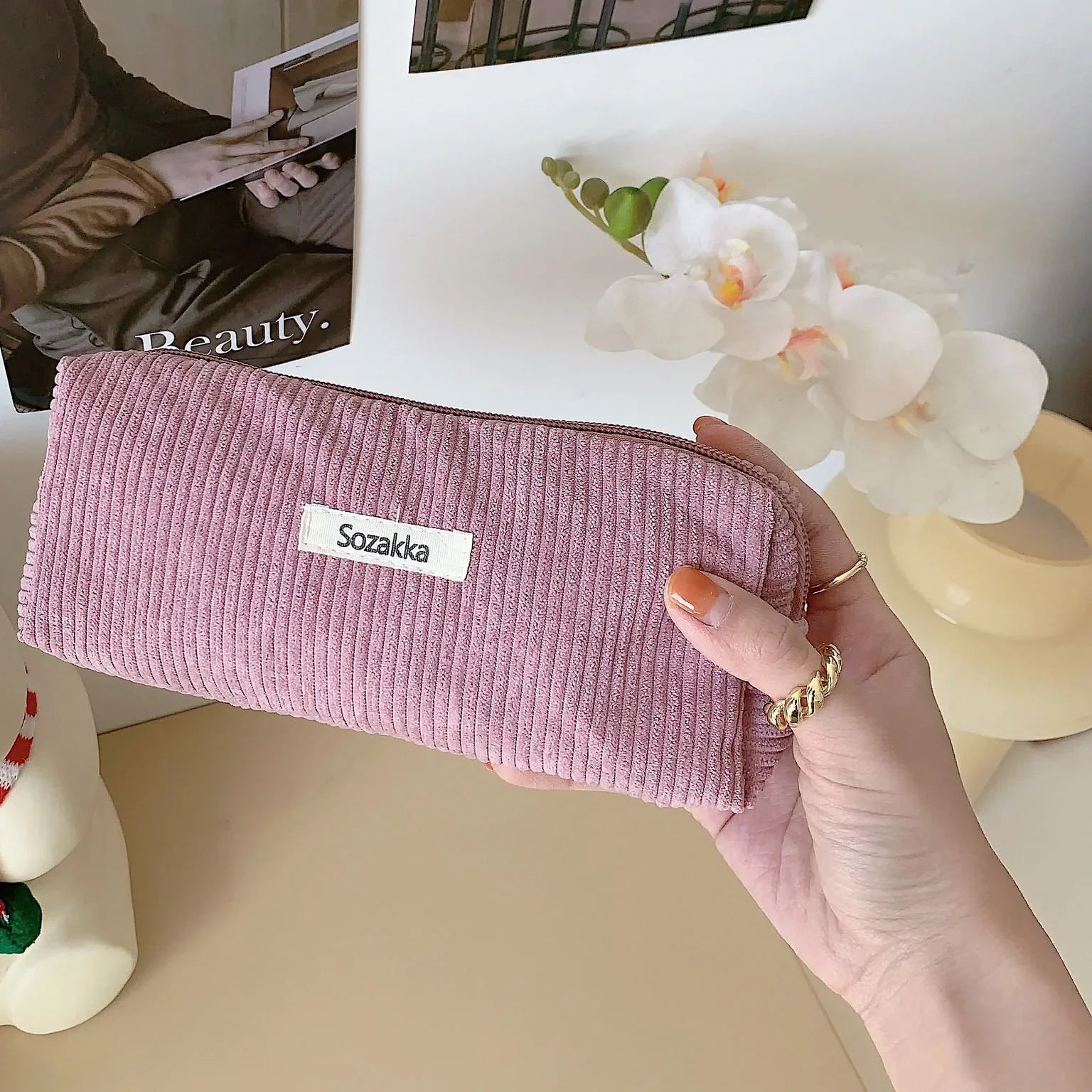Trousse de Toilette Velours Côtelé – Grand Sac Cosmétique Voyage