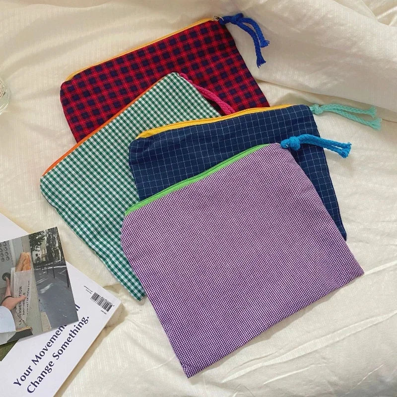 Trousse de Toilette Carreaux Coton-Lin – Zippée, Portable, Grande Capacité
