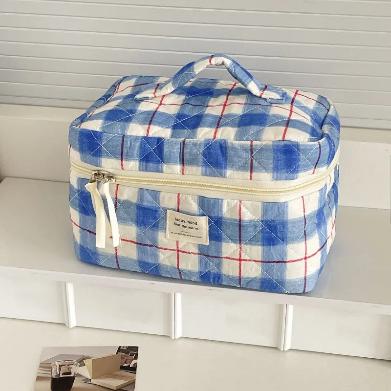 Trousse de Toilette Vintage Plaid - Maquillage Voyage en Coton Matelassé