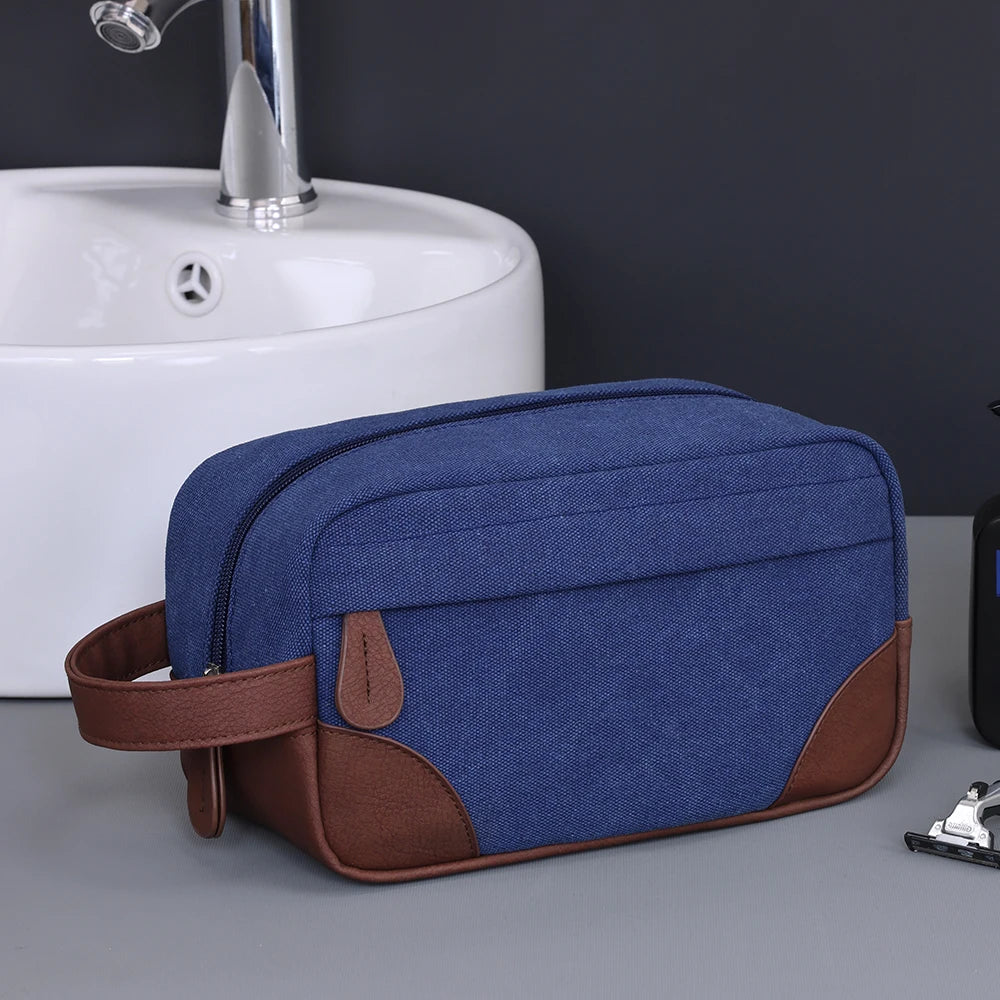 Trousse de toilette en cuir et toile – grande capacité, étanche