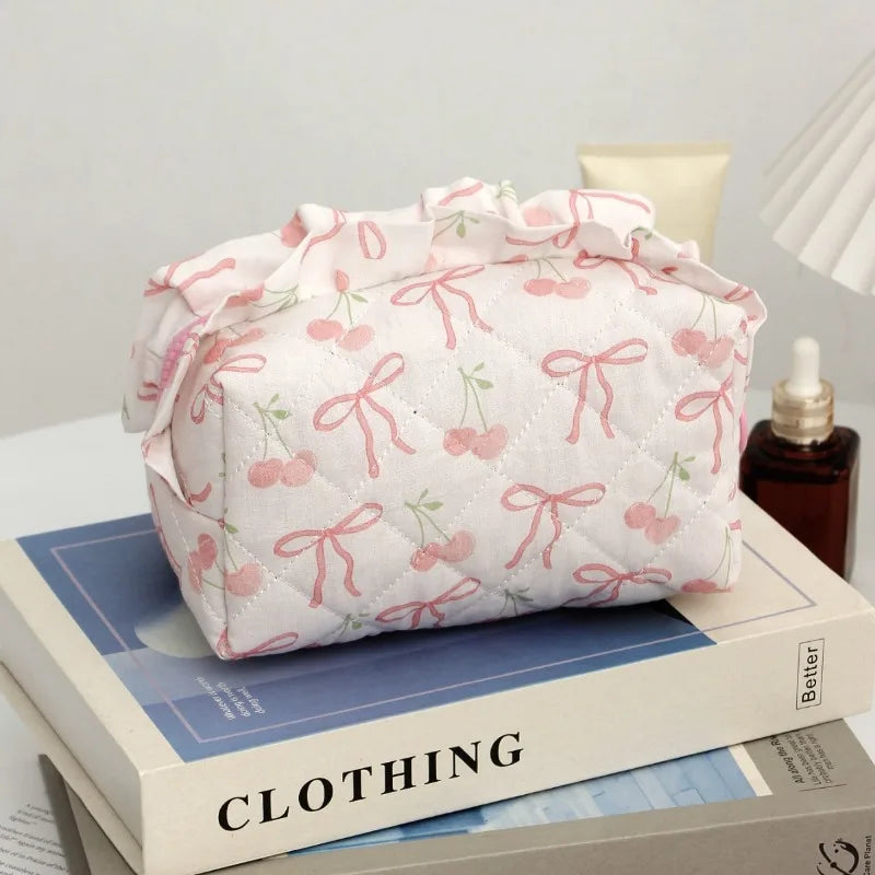 Trousse de Toilette Rose Motif Cerise – Grande Capacité, Organisateur de Maquillage, Voyage