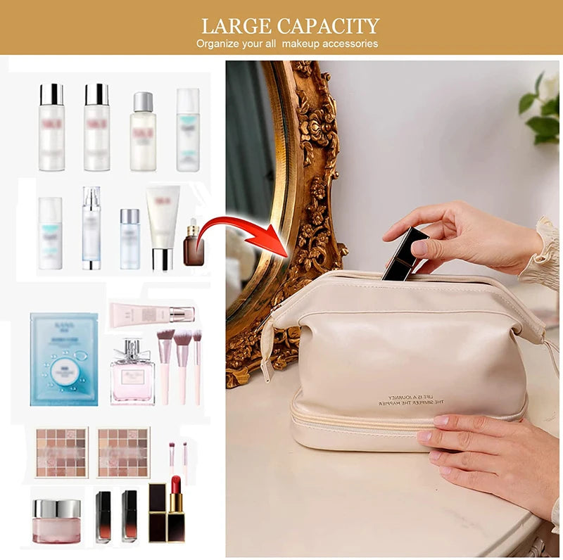 Trousse de Toilette Cuir Étanche Double-Couche – Maquillage Voyage