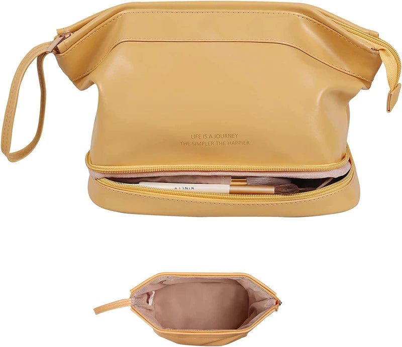 Trousse de Toilette Cuir Étanche Double-Couche – Maquillage Voyage