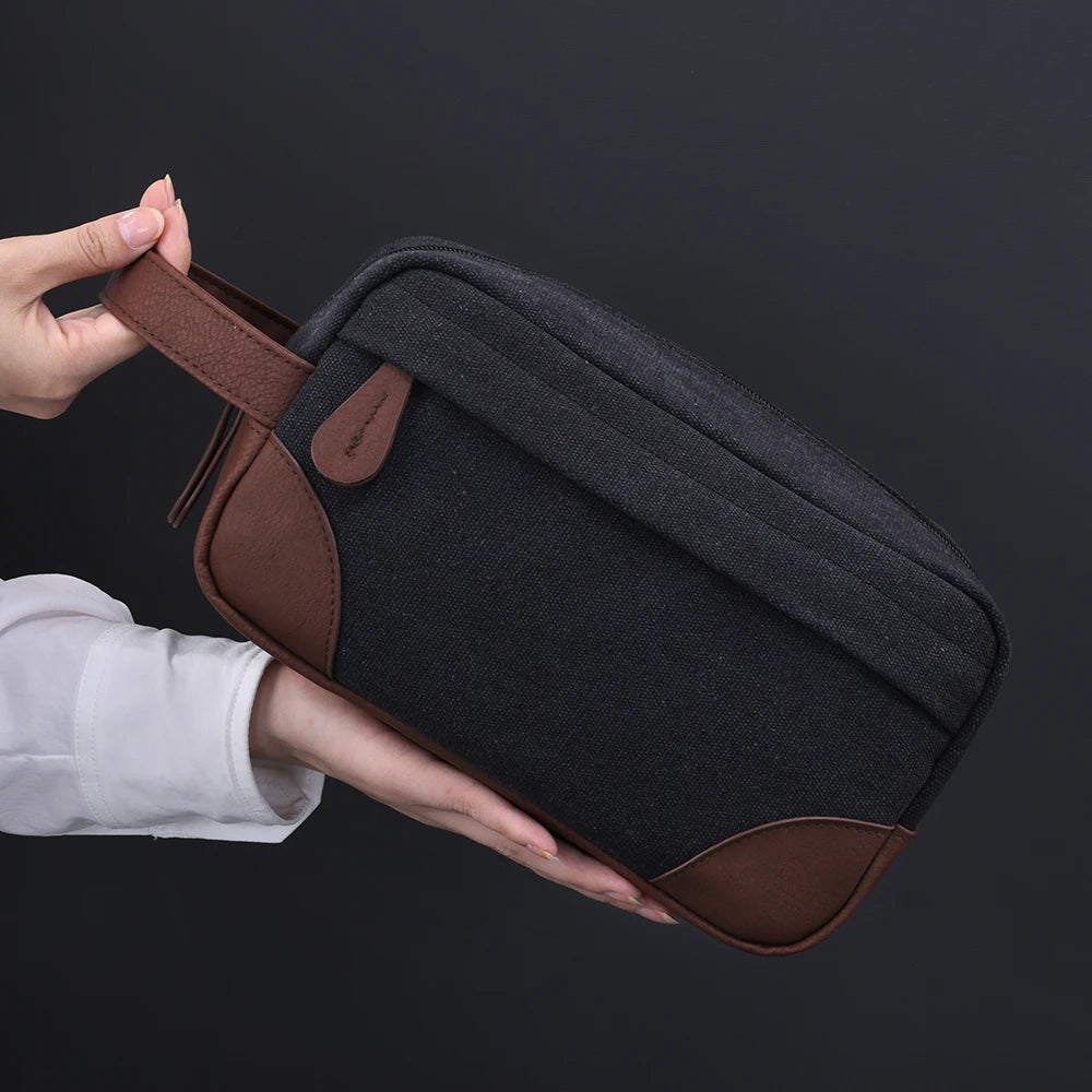 Trousse de toilette en cuir et toile – grande capacité, étanche