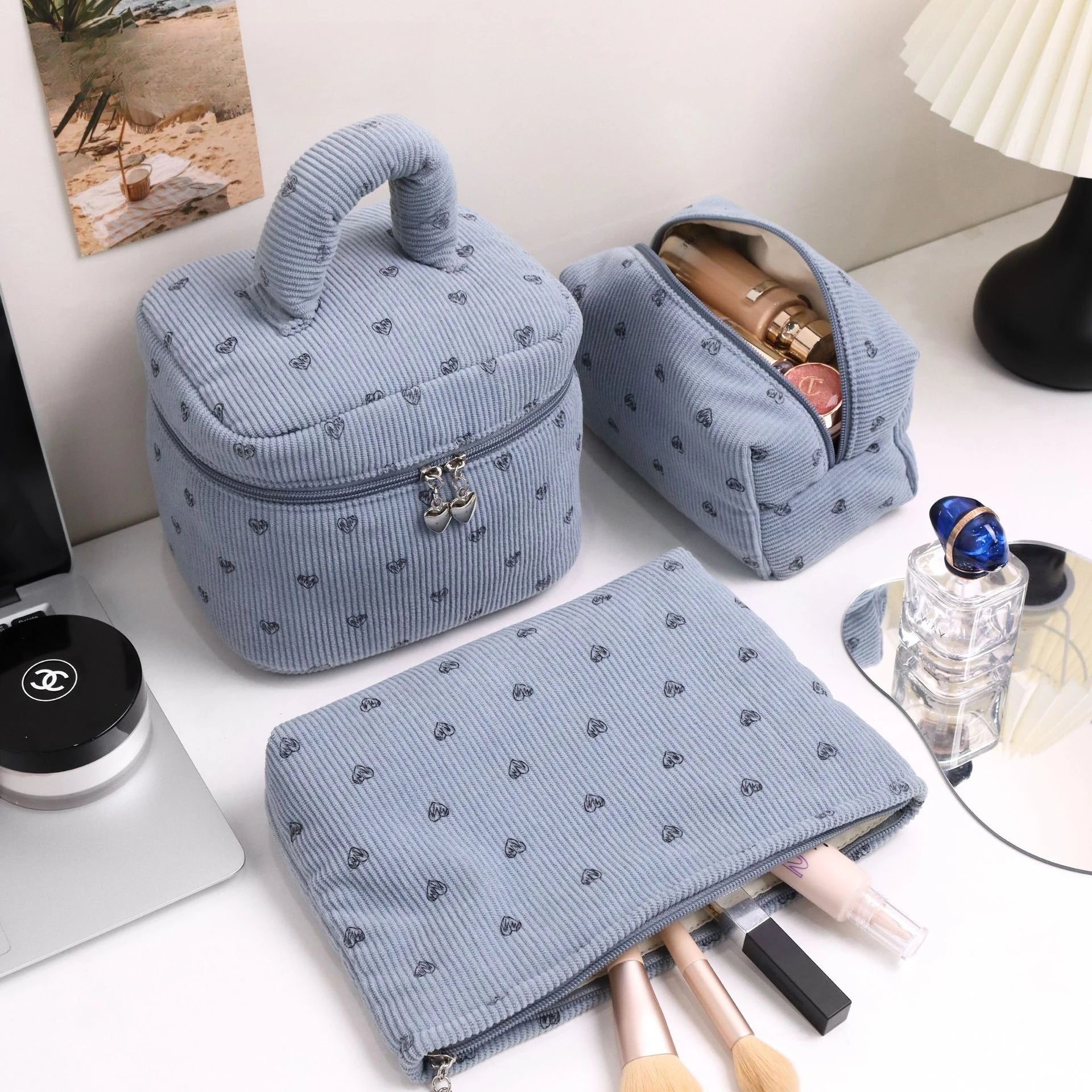 Trousse Toilette Velours Côtelé Imprimé Cœur – Grande Capacité
