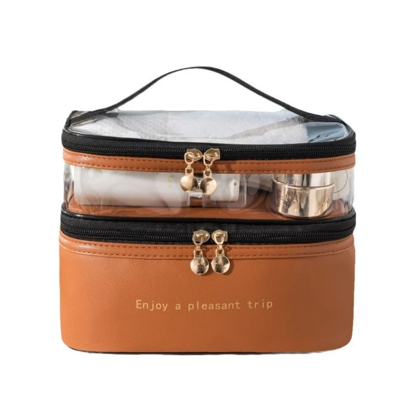 Trousse de Toilette Double PU Transparent – Étanche, Portable, Grande Capacité